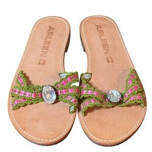 Arleen C Size 7 Pink Green Ribbon and Jeweled Flat Slide Sandals